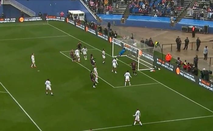 FC Dallas keeper Maarten Paes pictured making a save to stop an Olimpico goal being scored by Inter Miami captain Lionel Messi (not in shot) during a pre-season exhibition game in January 2024